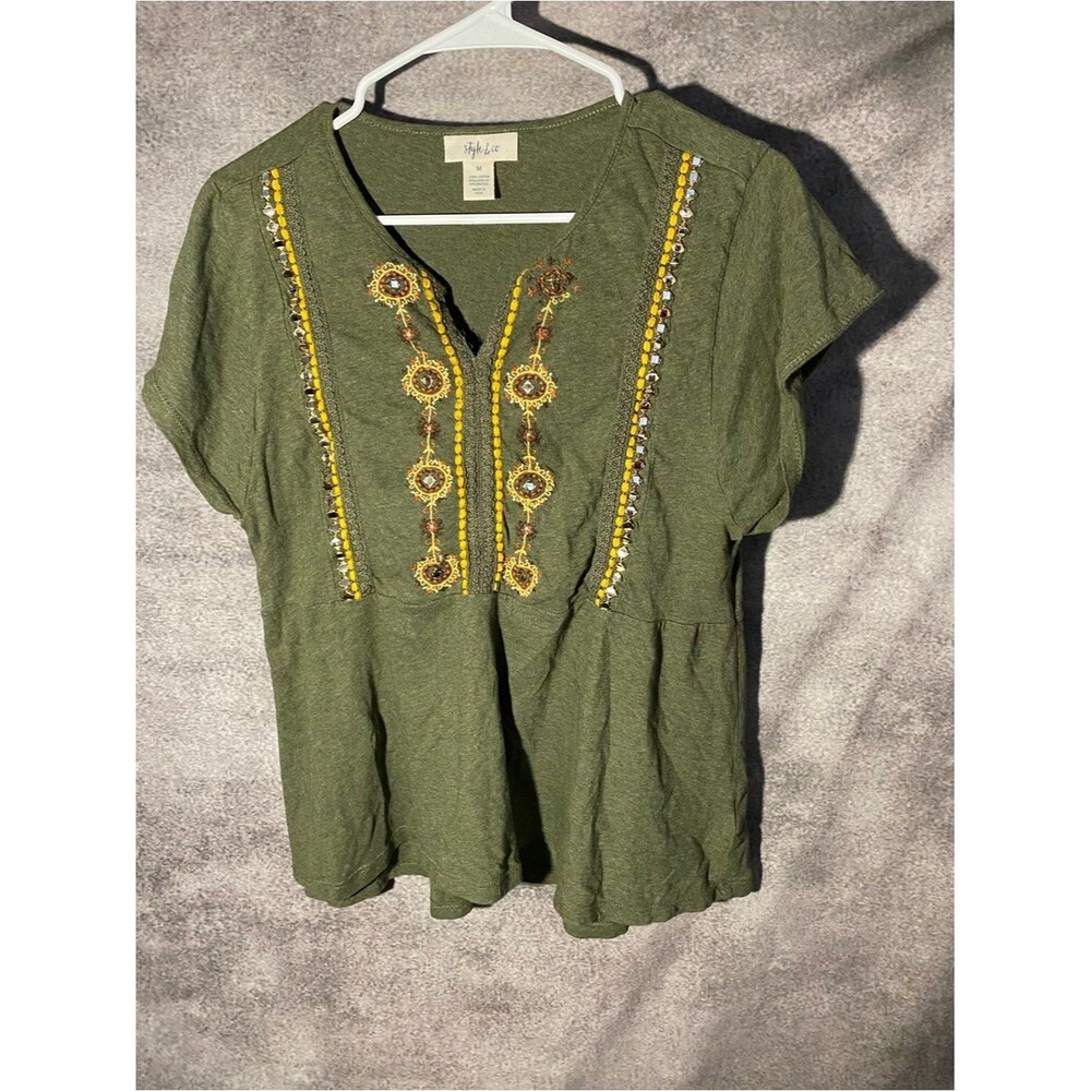 Style & Co Women Medium Olive Green Embroidered Peasant Boho Peplum Top Studded